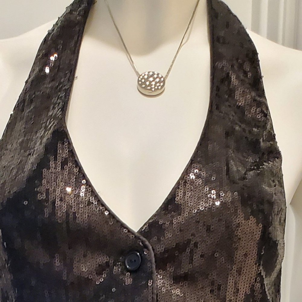 Women's Black Sequin and Satin Halter Vest